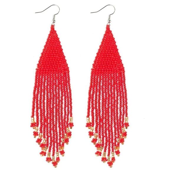 Red Bohemian Seed Bead Tassel Dangling Statement French Wire Hook Earrings - Picture 1 of 8